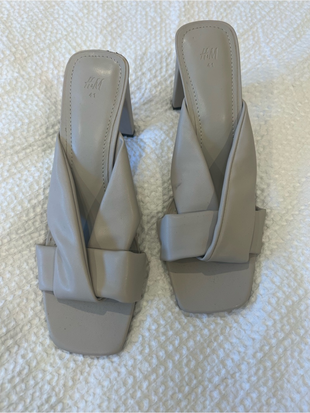 H&M Taupe Twisted Strap Block Heel Mules